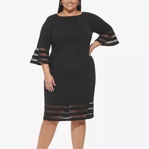 Calvin Klein Classic Black Shift Dress with Layered Hem and Ruffle Sleeves